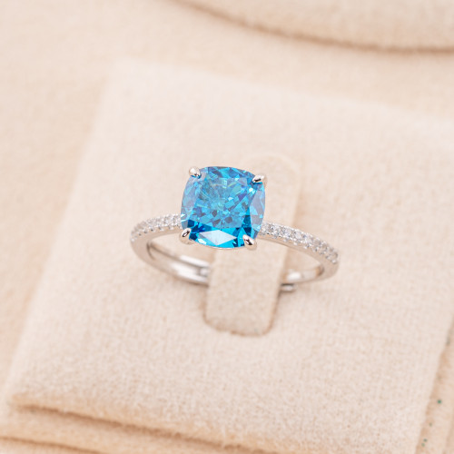Bague ajustable en argent 925 avec pierre précieuse carrée en corindon synthétique bleu rhodié JL200046