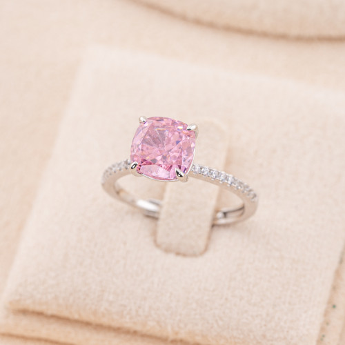 Verstellbarer Schmuckring aus 925er Silber mit rhodiniertem, quadratischem, synthetischem Korund in Rosa JL200046