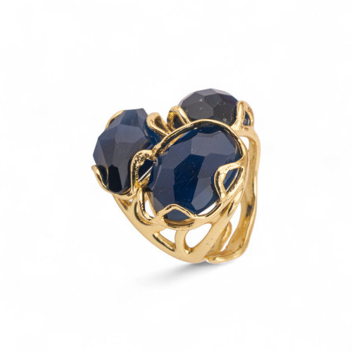 Verstellbarer Ring aus vergoldeter Bronze der Aurora-Kollektion-S mit bronzefarbenem Ring (25 x 27 mm) und blauem Katzenauge
