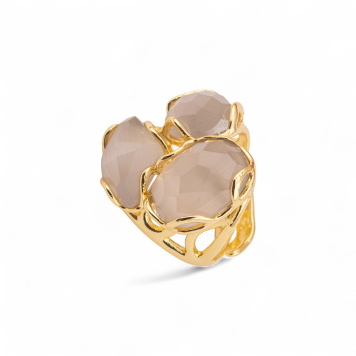 Anillo Ajustable en Bronce Dorado Colección Aurora-S con Anillo de Bronce Colección AURORA 25x27mm con Ojo de Gato Gris