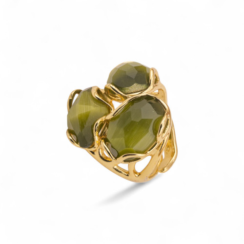 Bague ajustable en bronze doré Collection Aurora - S avec anneau en bronze Collection AURORA 25x27mm avec œil-de-chat vert