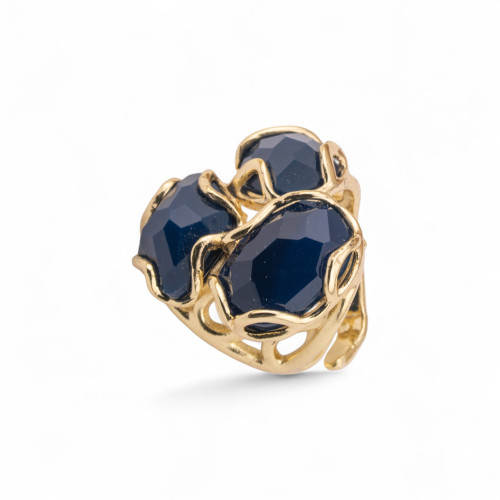 Adjustable Ring in Gilded Bronze Aurora Collection-S with Bronze Ring AURORA Collection 25x27mm with Blue Agate Hard Stones