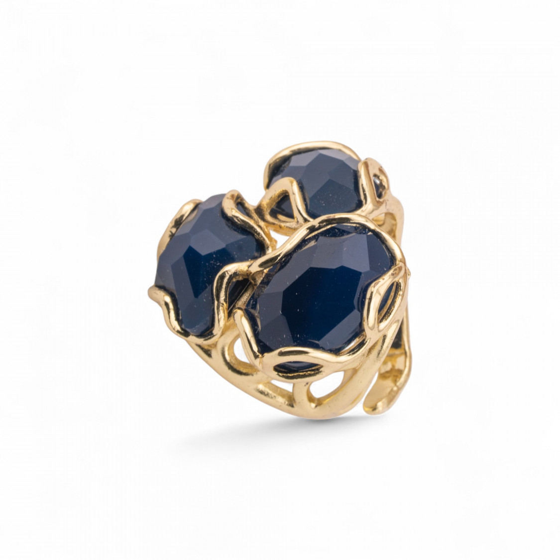 Anello Regolabile in Bronzo Dorato Collezione Aurora-S con Anello Di Bronzo Collezione AURORA 25x27mm Con Pietre Dure Agata Blu-ANELLI BIJOUX DONNA AURORA BEST SELLER | Worldofjewel.com