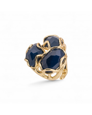 Anello Regolabile in Bronzo Dorato Collezione Aurora-S con Anello Di Bronzo Collezione AURORA 25x27mm Con Pietre Dure Agata Blu-ANELLI BIJOUX DONNA AURORA BEST SELLER | Worldofjewel.com