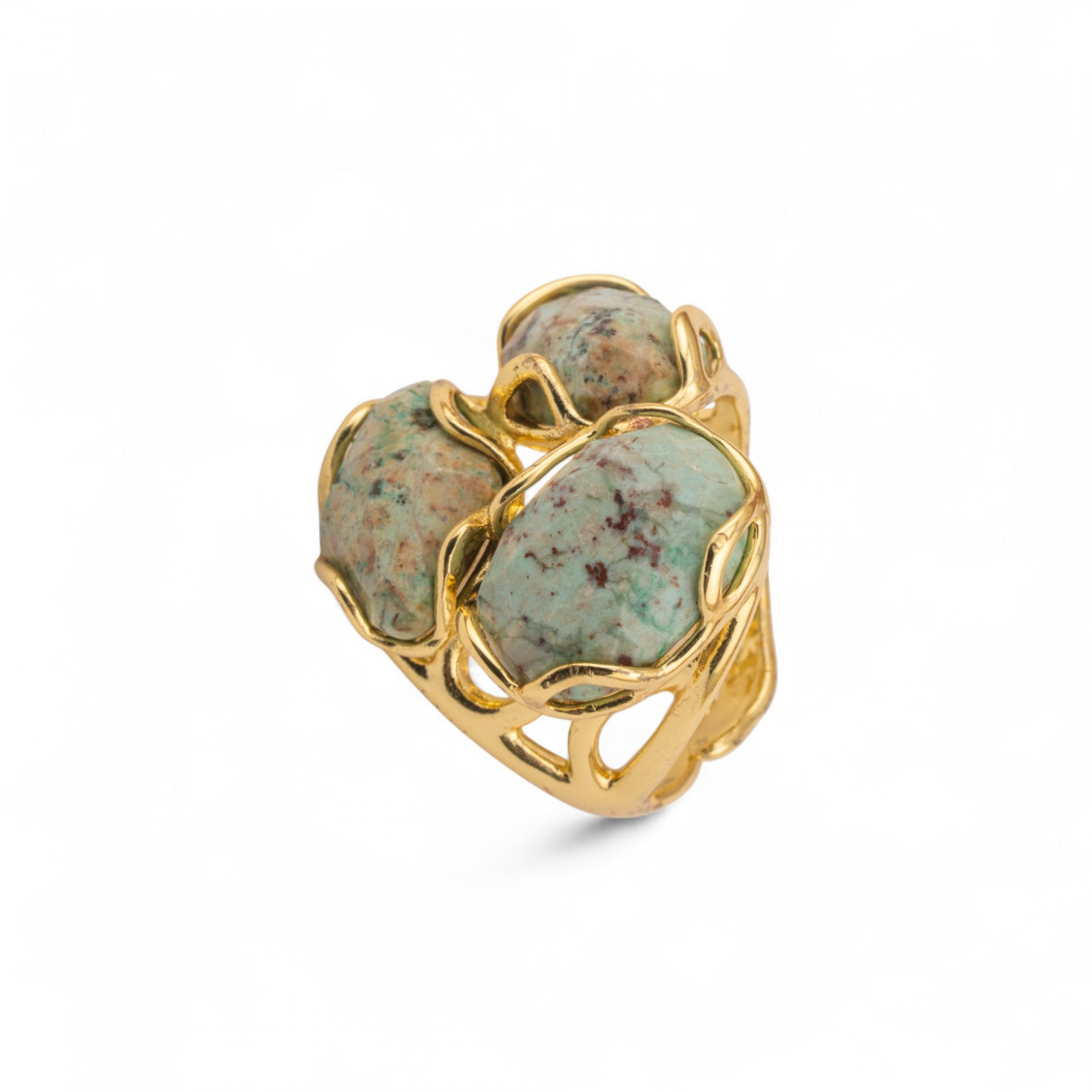 Adjustable Ring in Gilded Bronze Aurora Collection-S with Bronze Ring AURORA Collection 25x27mm with African Jade Hard Stones-AURORA WOMEN'S BEST-SELLING JEWELRY RINGS | Worldofjewel.com