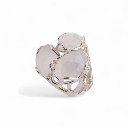 Bague ajustable en bronze rhodié, collection Aurora-S, 25 x 27 mm, ornée d'un œil-de-chat blanc transparent | Bijou fait main