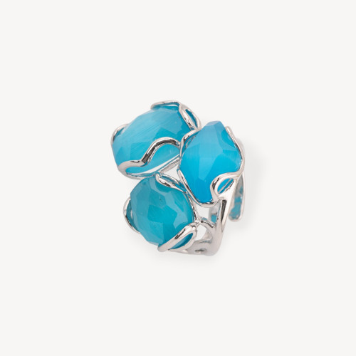 Bague ajustable en bronze rhodié de la collection Aurora-S, 25 x 27 mm, ornée d'un œil-de-chat bleu clair | Bijou artisanal pour