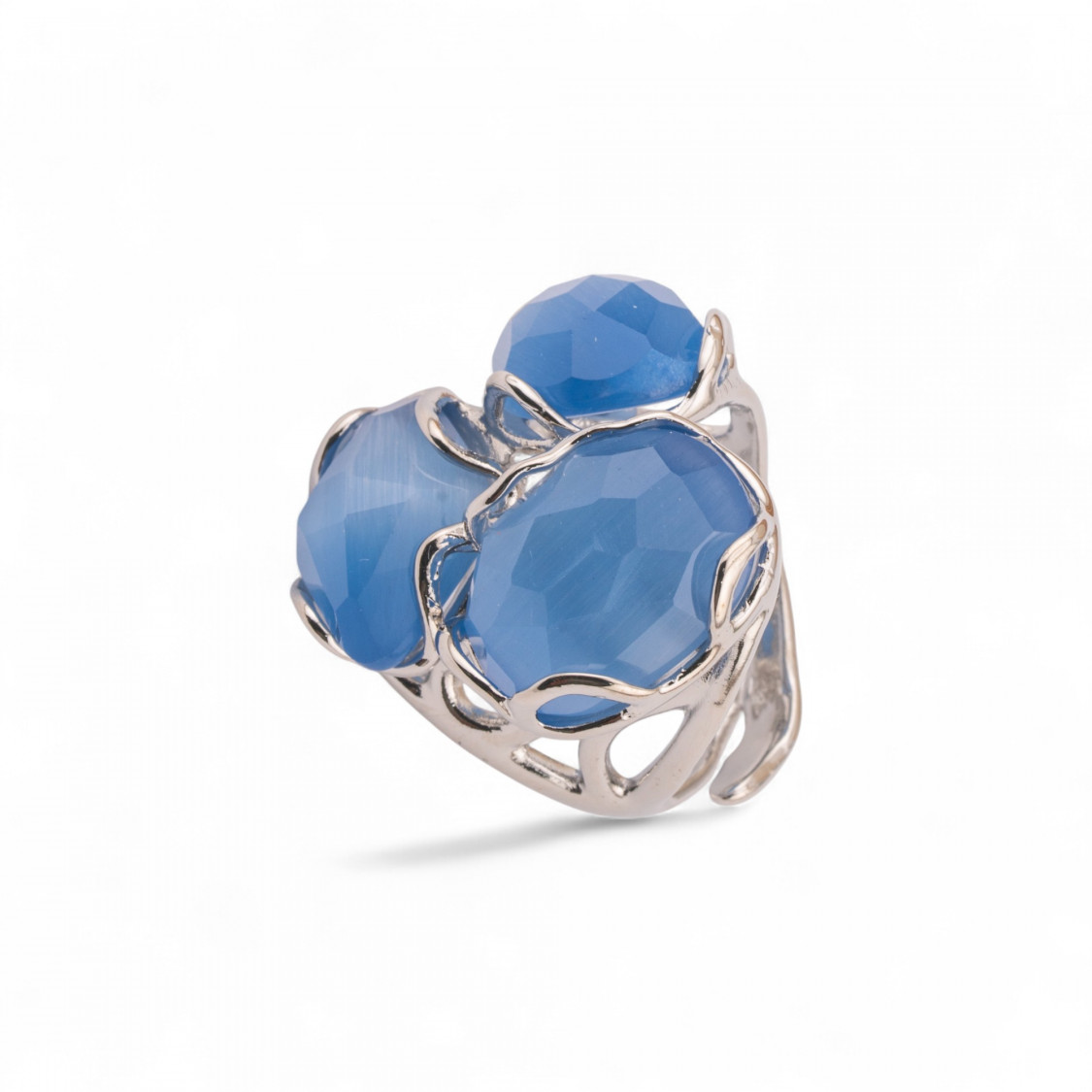Anello Regolabile in Bronzo Rodiato Collezione Aurora-S 25x27mm Con Occhio Di Gatto Blu Chiaro | Gioiello Artigianale Donna 32x-ANELLI BIJOUX DONNA AURORA BEST SELLER | Worldofjewel.com