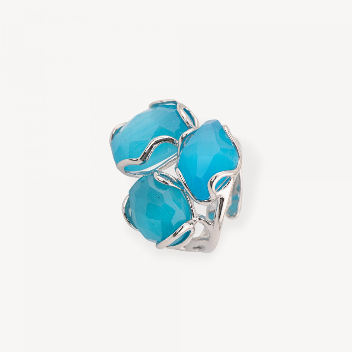 Anillo ajustable de bronce rodiado de la colección Aurora-S, 25 x 27 mm, con ojo de gato azul claro | Joyería artesanal para muj-LOS ANILLOS DE JOYERÍA MÁS VENDIDOS PARA MUJER DE AURORA | Worldofjewel.com