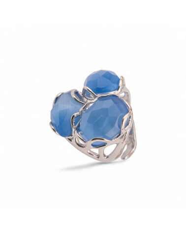 Anello Regolabile in Bronzo Rodiato Collezione Aurora-S 25x27mm Con Occhio Di Gatto Blu Chiaro | Gioiello Artigianale Donna 32x-ANELLI BIJOUX DONNA AURORA BEST SELLER | Worldofjewel.com