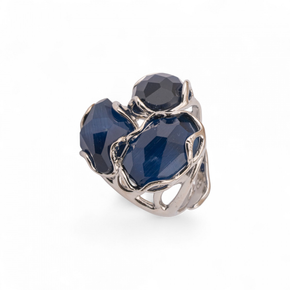 Adjustable Rhodium-Plated Bronze Ring from the Aurora-S Collection, 25x27mm, with Deep Blue Cat's Eye | Women's Handcrafted Jewe-AURORA WOMEN'S BEST-SELLING JEWELRY RINGS | Worldofjewel.com