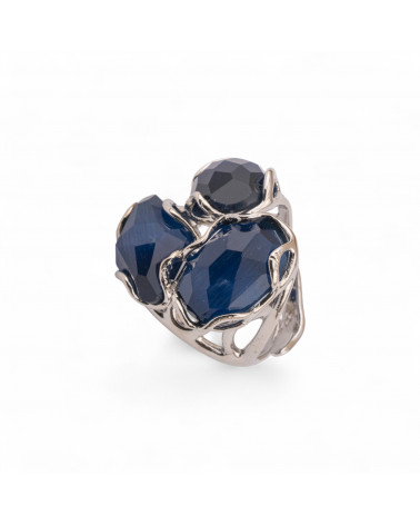 Anello Regolabile in Bronzo Rodiato Collezione Aurora-S 25x27mm Con Occhio Di Gatto Blu Intenso | Gioiello Artigianale Donna 32-ANELLI BIJOUX DONNA AURORA BEST SELLER | Worldofjewel.com