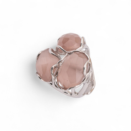 Adjustable Rhodium-Plated Bronze Ring from the Aurora-S Collection, 25x27mm, with a Powder Cat's Eye | Handcrafted Women's Jewel