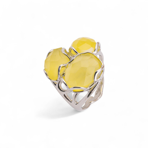 Bague ajustable en bronze rhodié de la collection Aurora-S, 25 x 27 mm, ornée d'un œil-de-chat jaune | Bijou artisanal pour femm