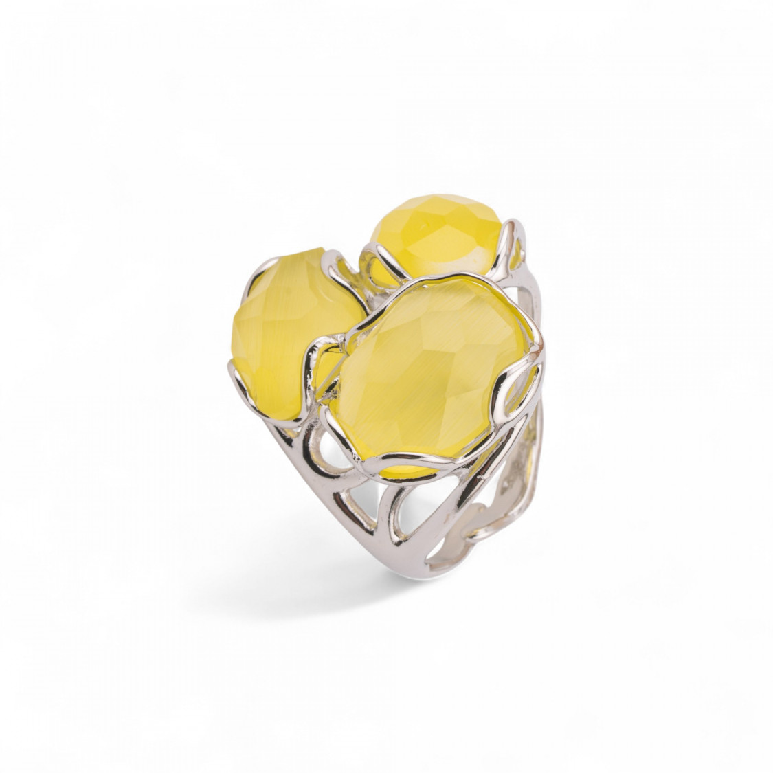Anello Regolabile in Bronzo Rodiato Collezione Aurora-S 25x27mm Con Occhio Di Gatto Giallo | Gioiello Artigianale Donna 32x36mm-ANELLI BIJOUX DONNA AURORA BEST SELLER | Worldofjewel.com