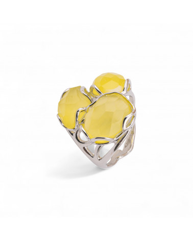 Anello Regolabile in Bronzo Rodiato Collezione Aurora-S 25x27mm Con Occhio Di Gatto Giallo | Gioiello Artigianale Donna 32x36mm-ANELLI BIJOUX DONNA AURORA BEST SELLER | Worldofjewel.com