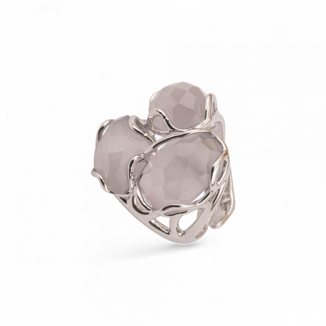 Anello Regolabile in Bronzo Rodiato Collezione Aurora-S 25x27mm Con Occhio Di Gatto Grigio | Gioiello Artigianale Donna 32x36mm-ANELLI BIJOUX DONNA AURORA BEST SELLER | Worldofjewel.com