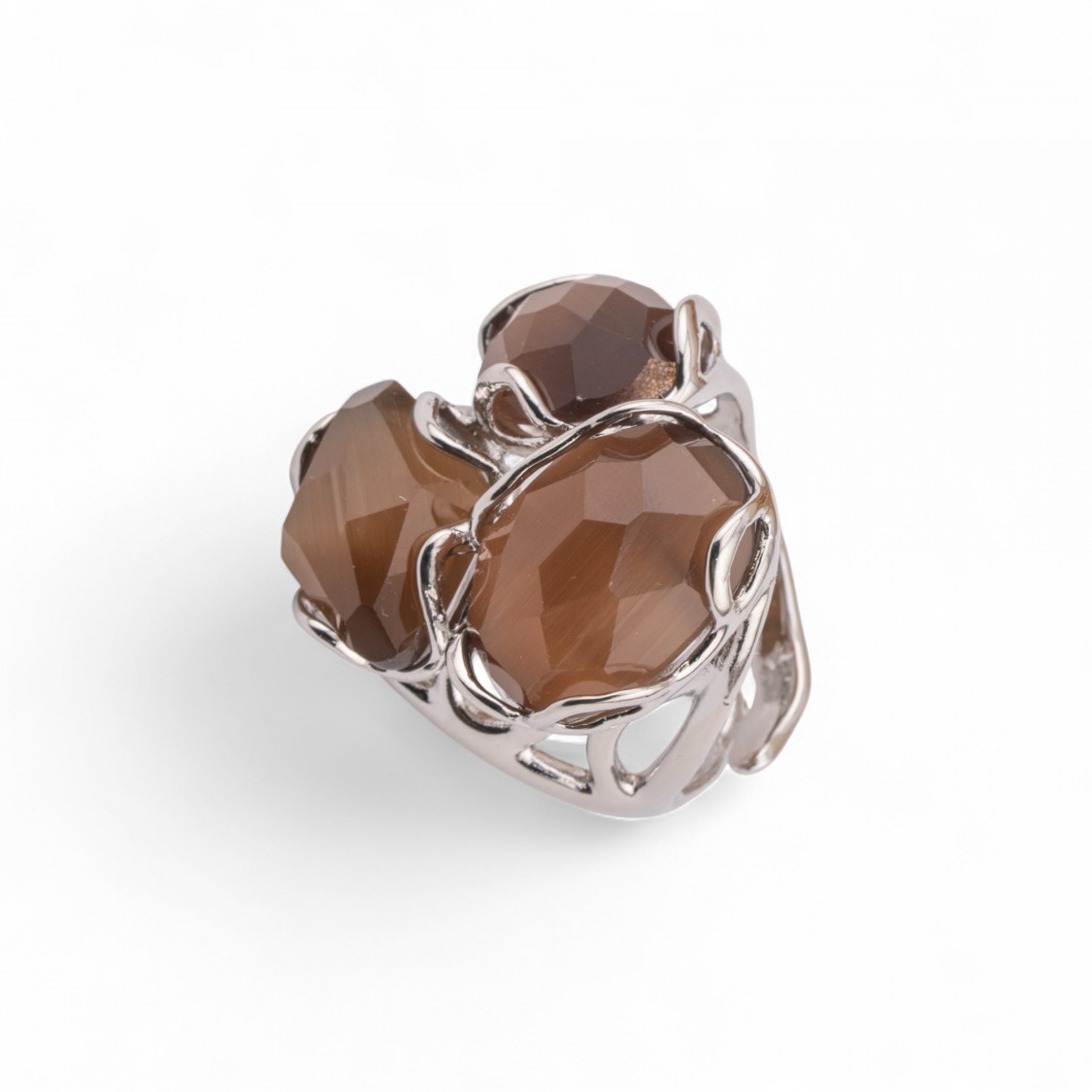 Adjustable Rhodium-Plated Bronze Ring from the Aurora-S Collection, 25x27mm, with Brown Cat's Eye | Handmade Women's Jewelry, 32-AURORA WOMEN'S BEST-SELLING JEWELRY RINGS | Worldofjewel.com