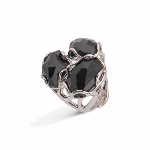 Anillo ajustable de bronce rodiado de la colección Aurora-S, 25 x 27 mm, con ojo de gato negro | Joyería artesanal para mujer, 3