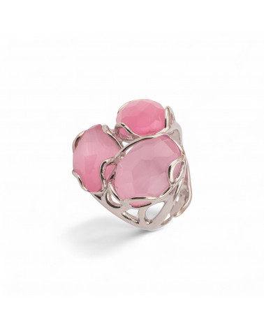 Anello Regolabile in Bronzo Rodiato Collezione Aurora-S 25x27mm Con Occhio Di Gatto Rosa | Gioiello Artigianale Donna 32x36mm-ANELLI BIJOUX DONNA AURORA BEST SELLER | Worldofjewel.com