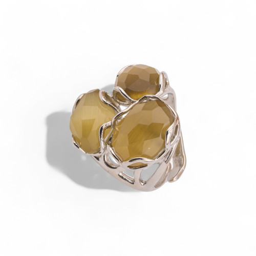 Bague ajustable en bronze rhodié de la collection Aurora-S, 25 x 27 mm, ornée d'un œil-de-chat moutarde | Bijou artisanal pour f