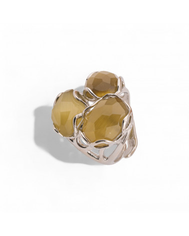 Anello Regolabile in Bronzo Rodiato Collezione Aurora-S 25x27mm Con Occhio Di Gatto Senape | Gioiello Artigianale Donna 32x36mm-ANELLI BIJOUX DONNA AURORA BEST SELLER | Worldofjewel.com