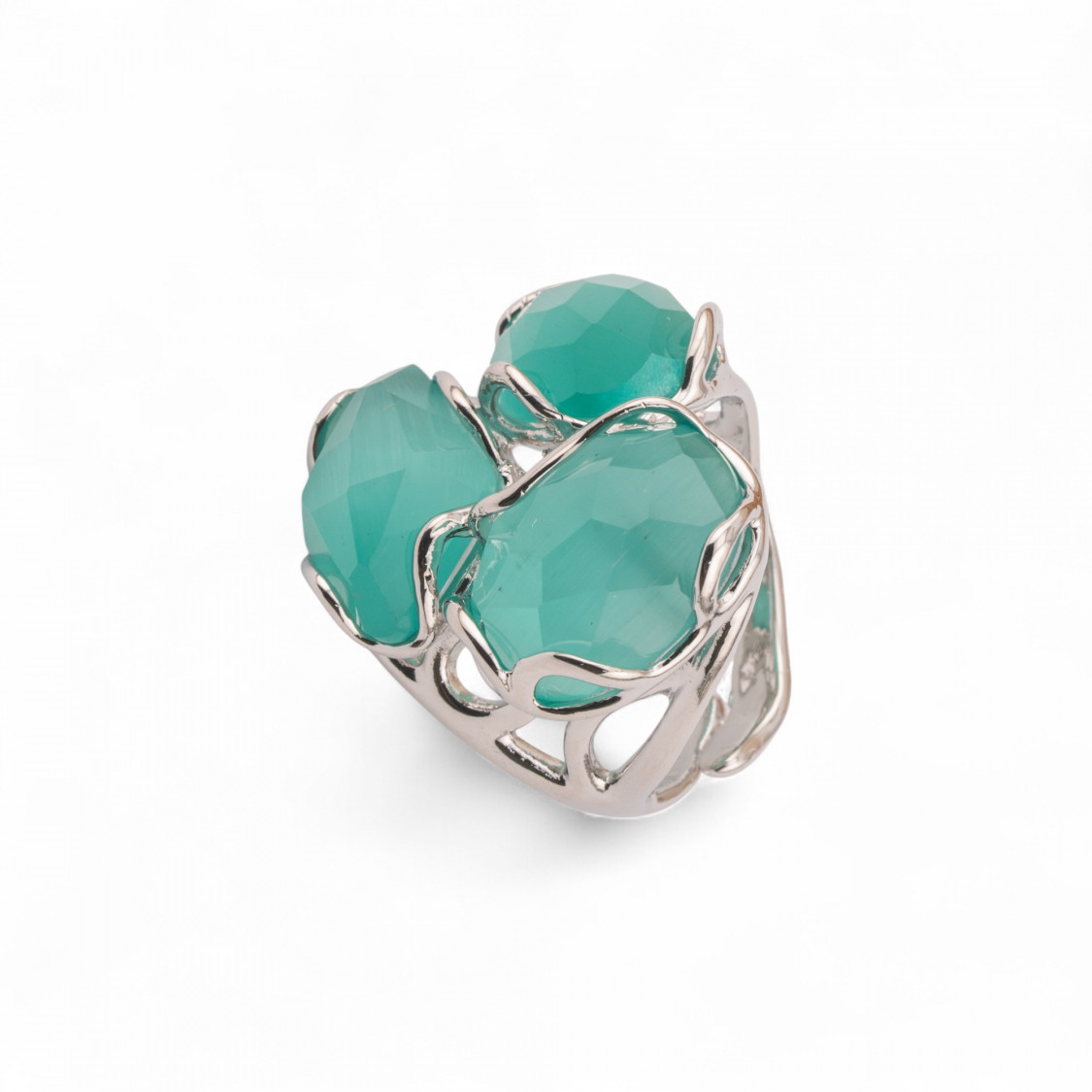 Bague ajustable en bronze rhodié de la collection Aurora-S, 25 x 27 mm, ornée d'un œil-de-chat vert d'eau | Bijou artisanal pour-BAGUES POUR FEMMES AURORA LES PLUS VENDUES | Worldofjewel.com