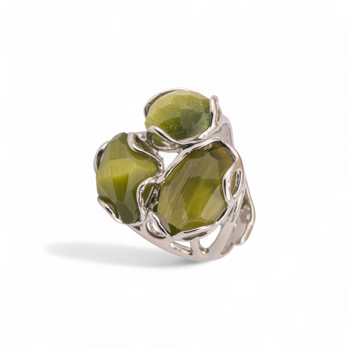 Adjustable Rhodium-Plated Bronze Ring from the Aurora-S Collection, 25x27mm, with Forest Green Cat's Eye | Women's Handcrafted J-AURORA WOMEN'S BEST-SELLING JEWELRY RINGS | Worldofjewel.com