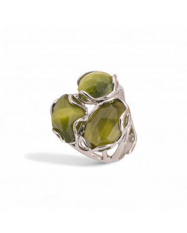 Anello Regolabile in Bronzo Rodiato Collezione Aurora-S 25x27mm Con Occhio Di Gatto Verde Bosco | Gioiello Artigianale Donna 32-ANELLI BIJOUX DONNA AURORA BEST SELLER | Worldofjewel.com