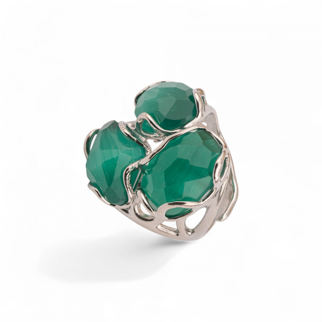Anillo ajustable de bronce rodiado de la colección Aurora-S, 25 x 27 mm, con ojo de gato verde esmeralda | Joyería artesanal par-LOS ANILLOS DE JOYERÍA MÁS VENDIDOS PARA MUJER DE AURORA | Worldofjewel.com