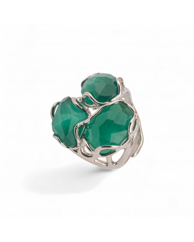 Anello Regolabile in Bronzo Rodiato Collezione Aurora-S 25x27mm Con Occhio Di Gatto Verde Smeraldo | Gioiello Artigianale Donna-ANELLI BIJOUX DONNA AURORA BEST SELLER | Worldofjewel.com