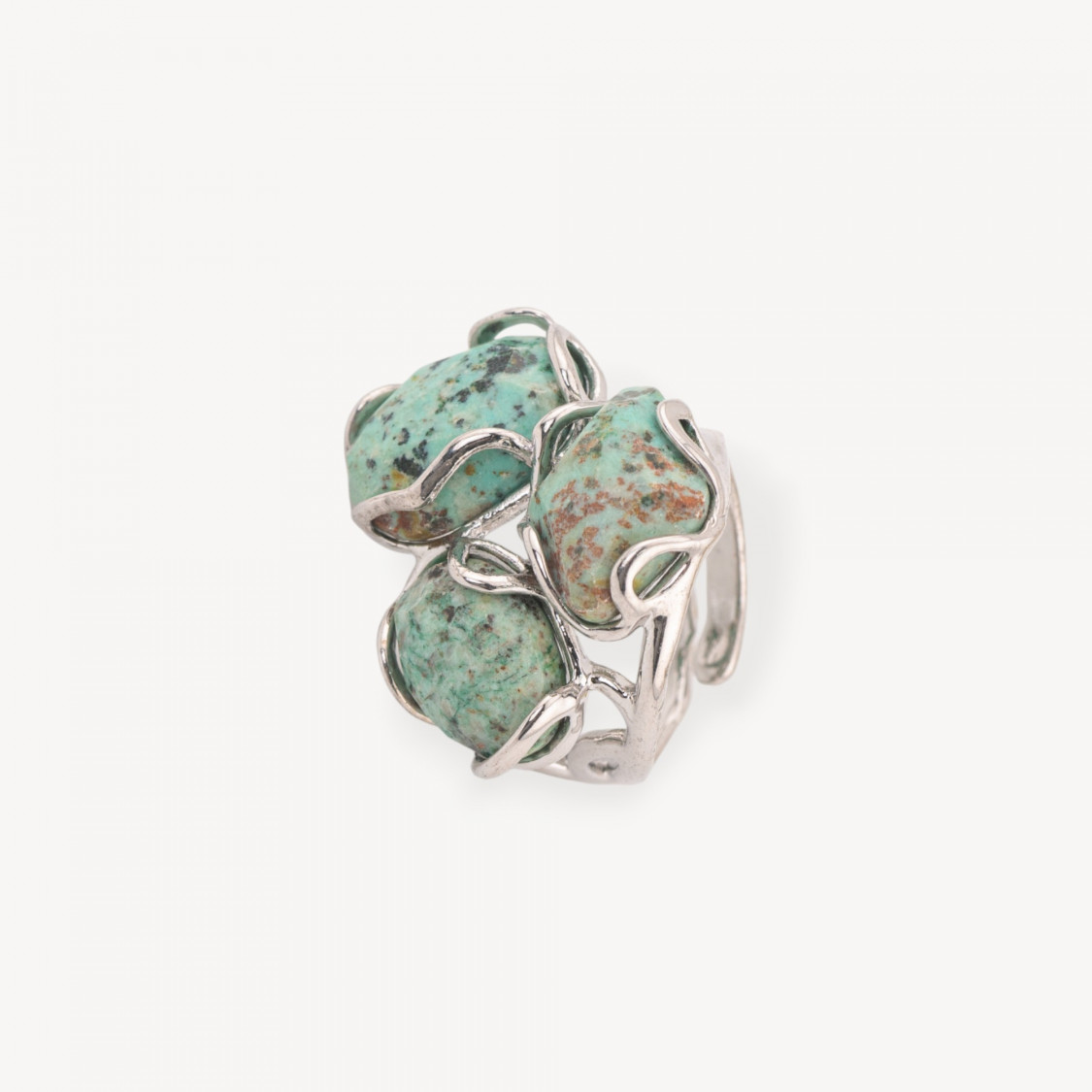 Adjustable Rhodium-Plated Bronze Ring from the Aurora-S Collection, 25x27mm, with African Jade Stones | Handmade Women's Jewelry-AURORA WOMEN'S BEST-SELLING JEWELRY RINGS | Worldofjewel.com