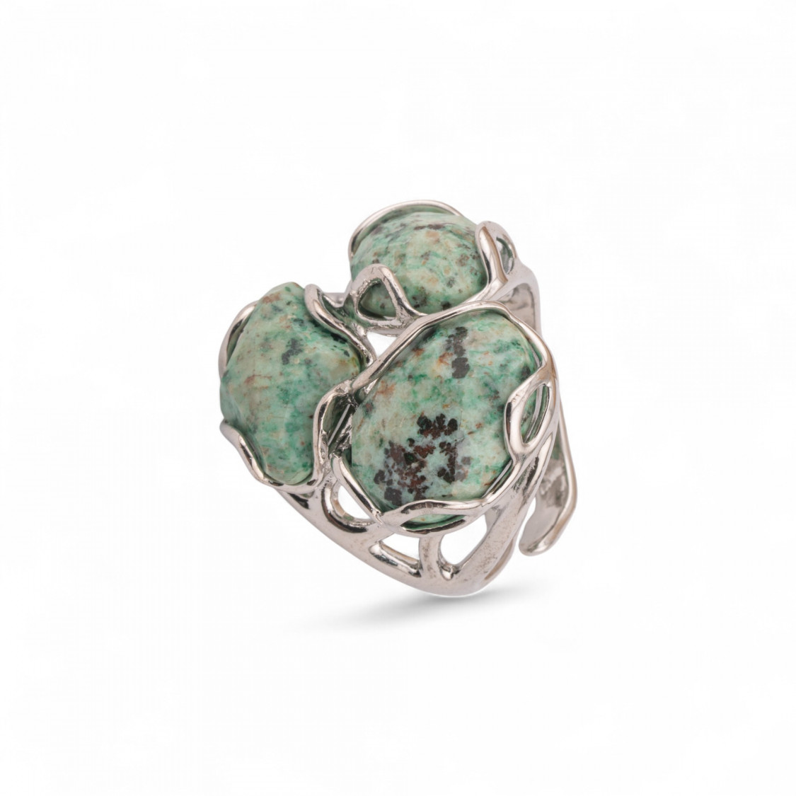 Anello Regolabile in Bronzo Rodiato Collezione Aurora-S 25x27mm Con Pietre Dure Giada Africana | Gioiello Artigianale Donna 32x-ANELLI BIJOUX DONNA AURORA BEST SELLER | Worldofjewel.com