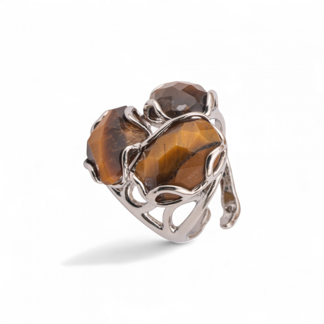 Anello Regolabile in Bronzo Rodiato Collezione Aurora-S 25x27mm Con Pietre Dure Occhio Di Tigre Giallo | Gioiello Artigianale D-ANELLI BIJOUX DONNA AURORA BEST SELLER | Worldofjewel.com