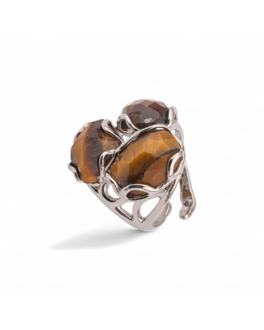 Anello Regolabile in Bronzo Rodiato Collezione Aurora-S 25x27mm Con Pietre Dure Occhio Di Tigre Giallo | Gioiello Artigianale D-ANELLI BIJOUX DONNA AURORA BEST SELLER | Worldofjewel.com