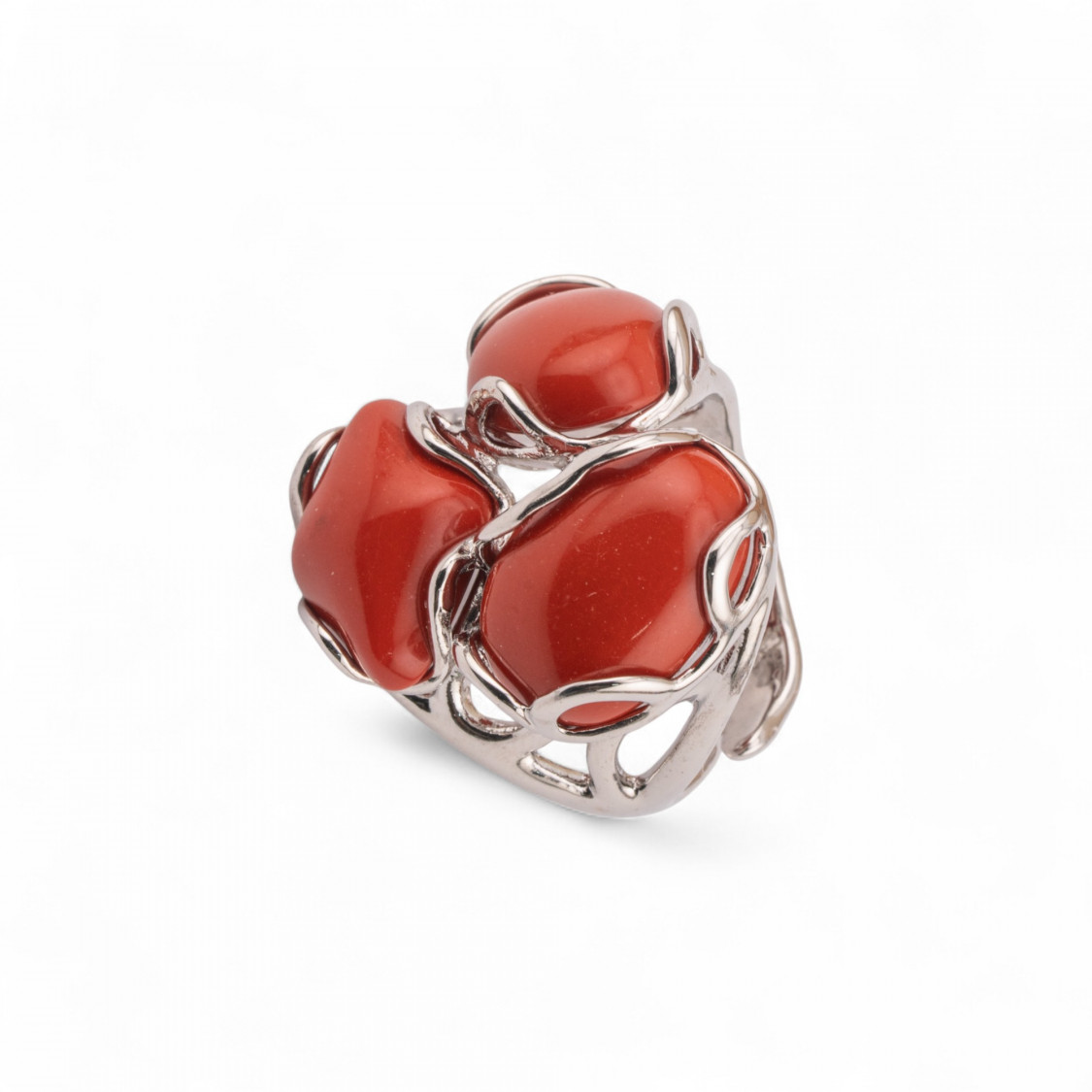 Anello Regolabile in Bronzo Rodiato Collezione Aurora-S 25x27mm Con Pietre Dure Pasta Di Corallo | Gioiello Artigianale Donna 3-ANELLI BIJOUX DONNA AURORA BEST SELLER | Worldofjewel.com