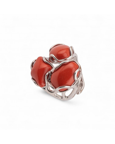 Anello Regolabile in Bronzo Rodiato Collezione Aurora-S 25x27mm Con Pietre Dure Pasta Di Corallo | Gioiello Artigianale Donna 3-ANELLI BIJOUX DONNA AURORA BEST SELLER | Worldofjewel.com