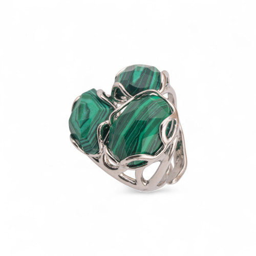 Adjustable Rhodium-Plated Bronze Ring from the Aurora-S Collection, 25x27mm, with Malachite Paste Stones | Women's Handcrafted J