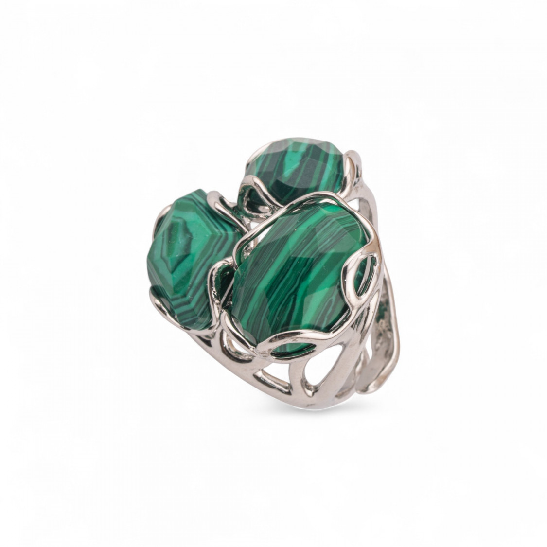 Adjustable Rhodium-Plated Bronze Ring from the Aurora-S Collection, 25x27mm, with Malachite Paste Stones | Women's Handcrafted J-AURORA WOMEN'S BEST-SELLING JEWELRY RINGS | Worldofjewel.com