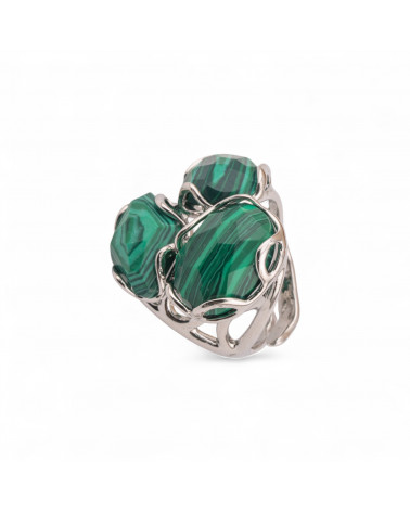 Anello Regolabile in Bronzo Rodiato Collezione Aurora-S 25x27mm Con Pietre Dure Pasta Di Malachite | Gioiello Artigianale Donna-ANELLI BIJOUX DONNA AURORA BEST SELLER | Worldofjewel.com