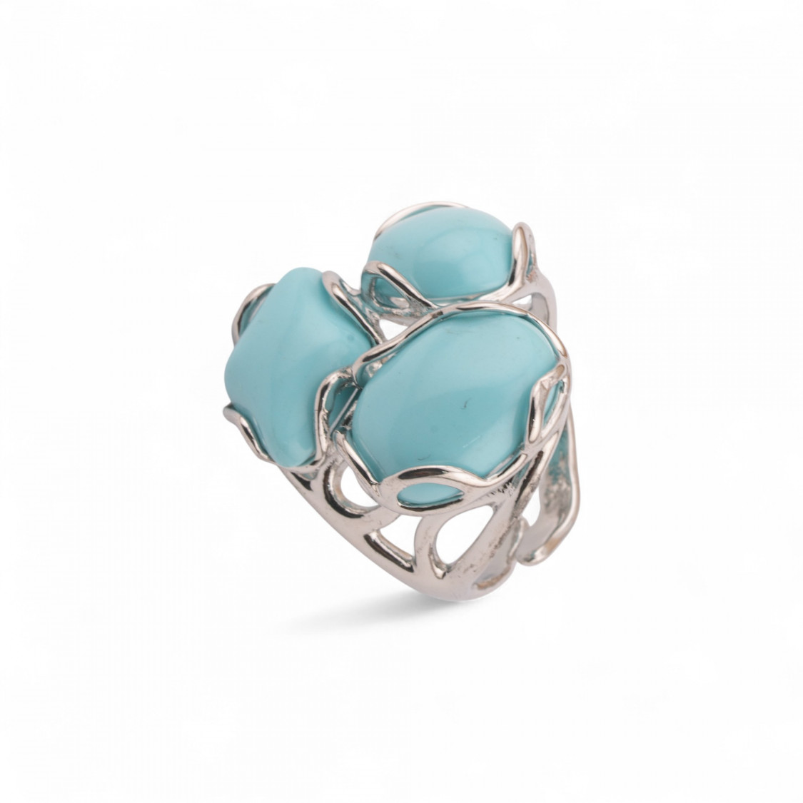 Anillo ajustable de bronce rodiado de la colección Aurora-S, 25 x 27 mm, con piedras de pasta turquesa | Joyería artesanal para -LOS ANILLOS DE JOYERÍA MÁS VENDIDOS PARA MUJER DE AURORA | Worldofjewel.com