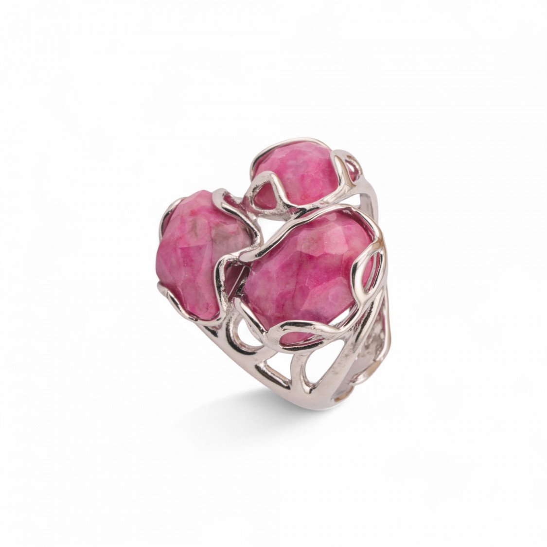 Anello Regolabile in Bronzo Rodiato Collezione Aurora-S 25x27mm Con Pietre Dure Rodonite Intenso | Gioiello Artigianale Donna 3-ANELLI BIJOUX DONNA AURORA BEST SELLER | Worldofjewel.com
