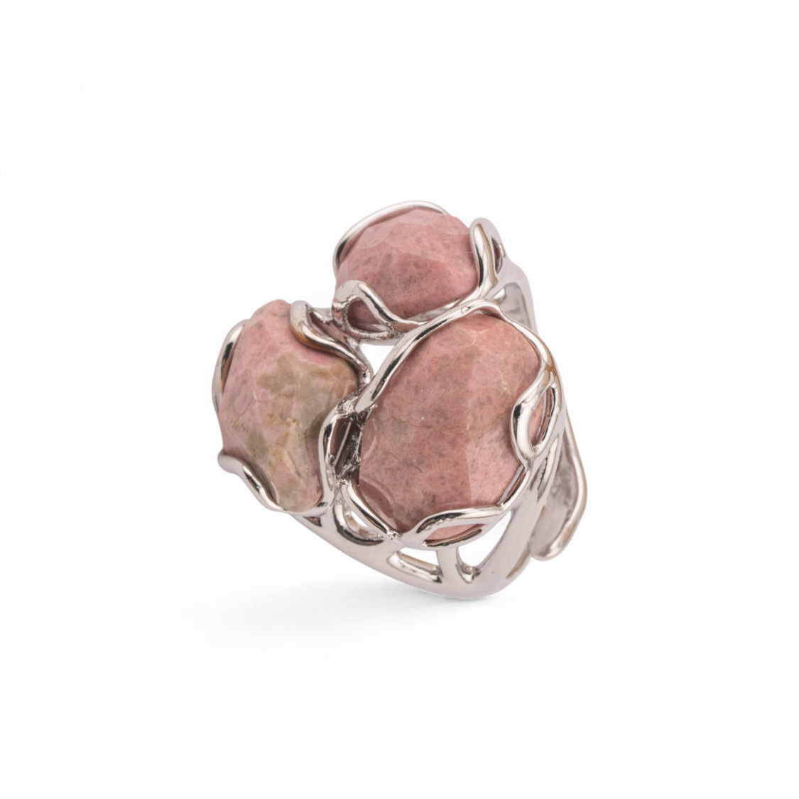 Anillo ajustable de bronce rodiado de la colección Aurora-S, 25 x 27 mm, con rodonitas | Joyería artesanal para mujer, 32 x 36 m-LOS ANILLOS DE JOYERÍA MÁS VENDIDOS PARA MUJER DE AURORA | Worldofjewel.com