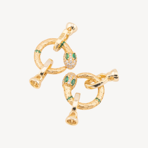 Fermoir en argent 925 avec zircon en forme de serpent 16 x 34 mm et coupelle de 5 mm, 2 pièces, or vert