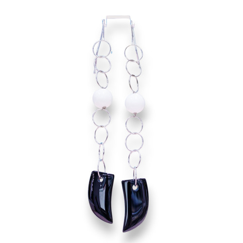 925 Silver Leverback Earrings with Chain and Onyx Horn 15x110mm
