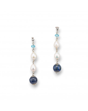 Orecchini A Perno Di Argento 925 Con Perle Di Fiume e Lapis-SILVER 925 DESIGN ITALY | Worldofjewel.com