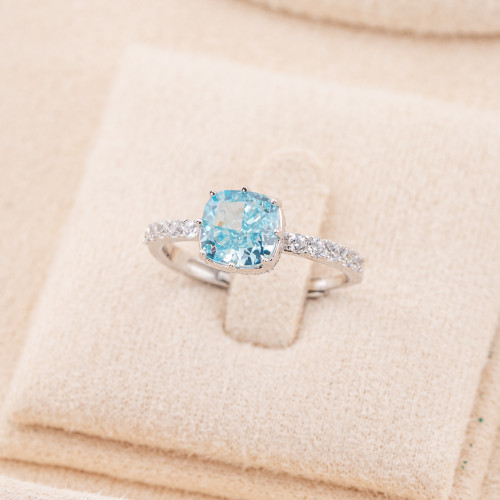 Adjustable 925 Silver Jewelry Ring with Rhodium-Plated Blue Square Synthetic Corundum YJ-0342