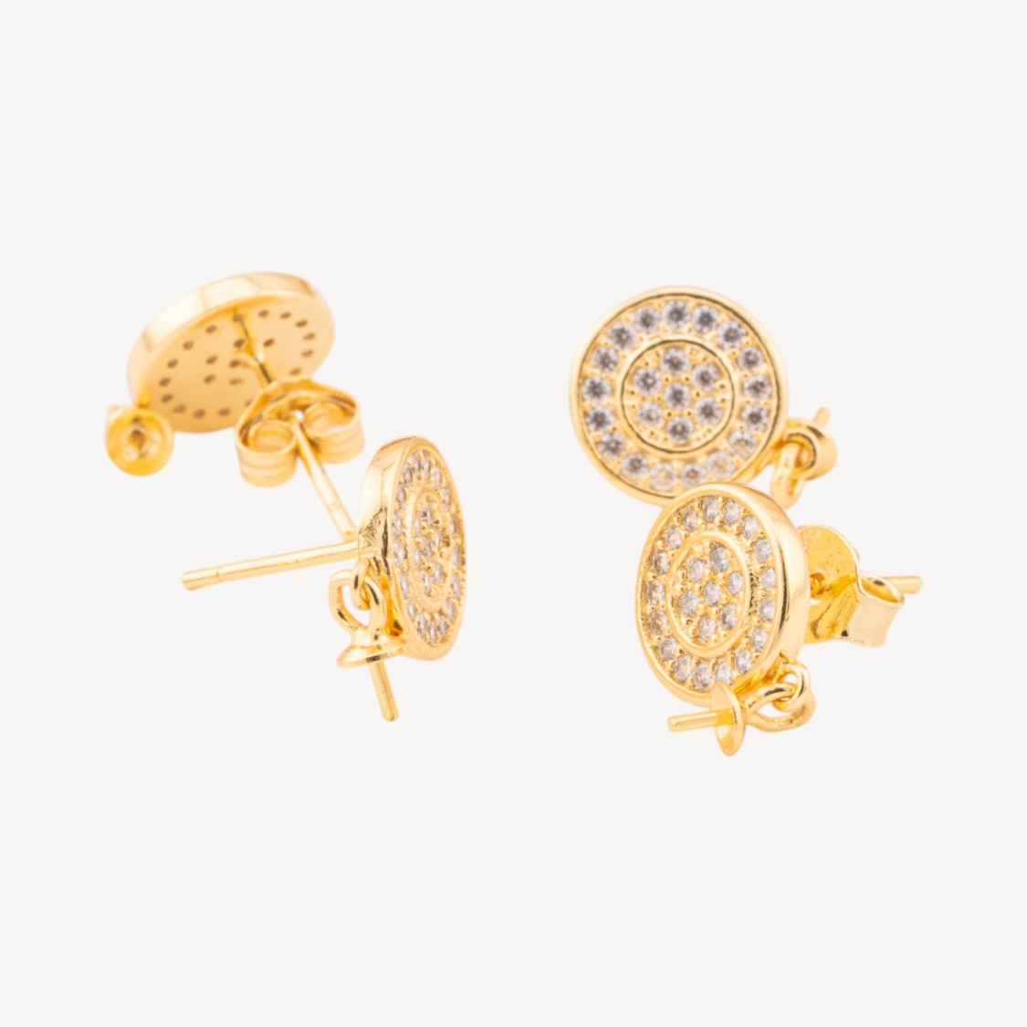 Basi Per Orecchini Di Argento 925 Tondo Con Zirconi 9mm 2 Coppie Dorato-BASES DE BOUCLES D'OREILLES EN ARGENT 925 | Worldofjewel.com