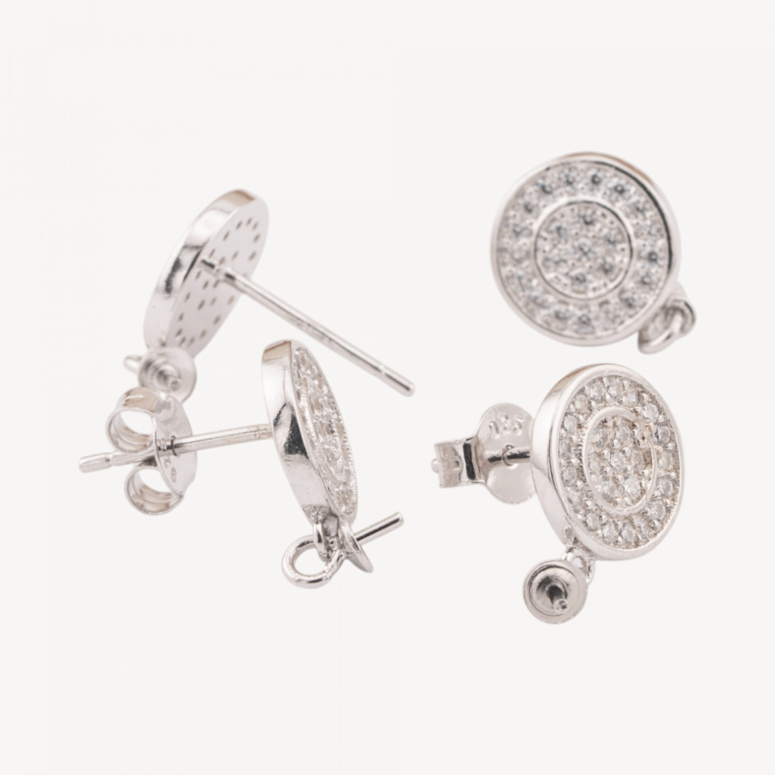 Basi Per Orecchini Di Argento 925 Tondo Con Zirconi 9mm 2 Coppie Rodiato-925 Silber Ohrringbasen | Worldofjewel.com