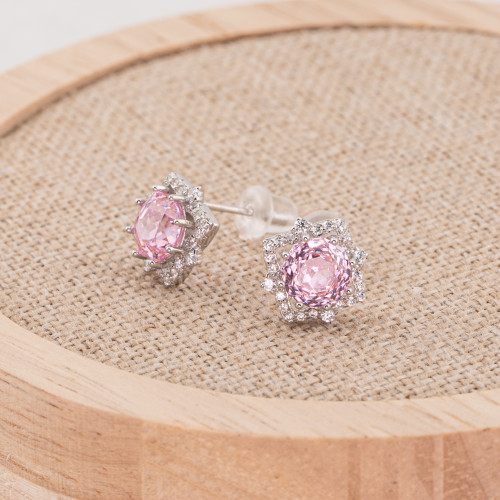 925 Silver Jewel Earrings with Synthetic Corundum, 8-Pointed Star, Pink Rhodium Plated EL020850
